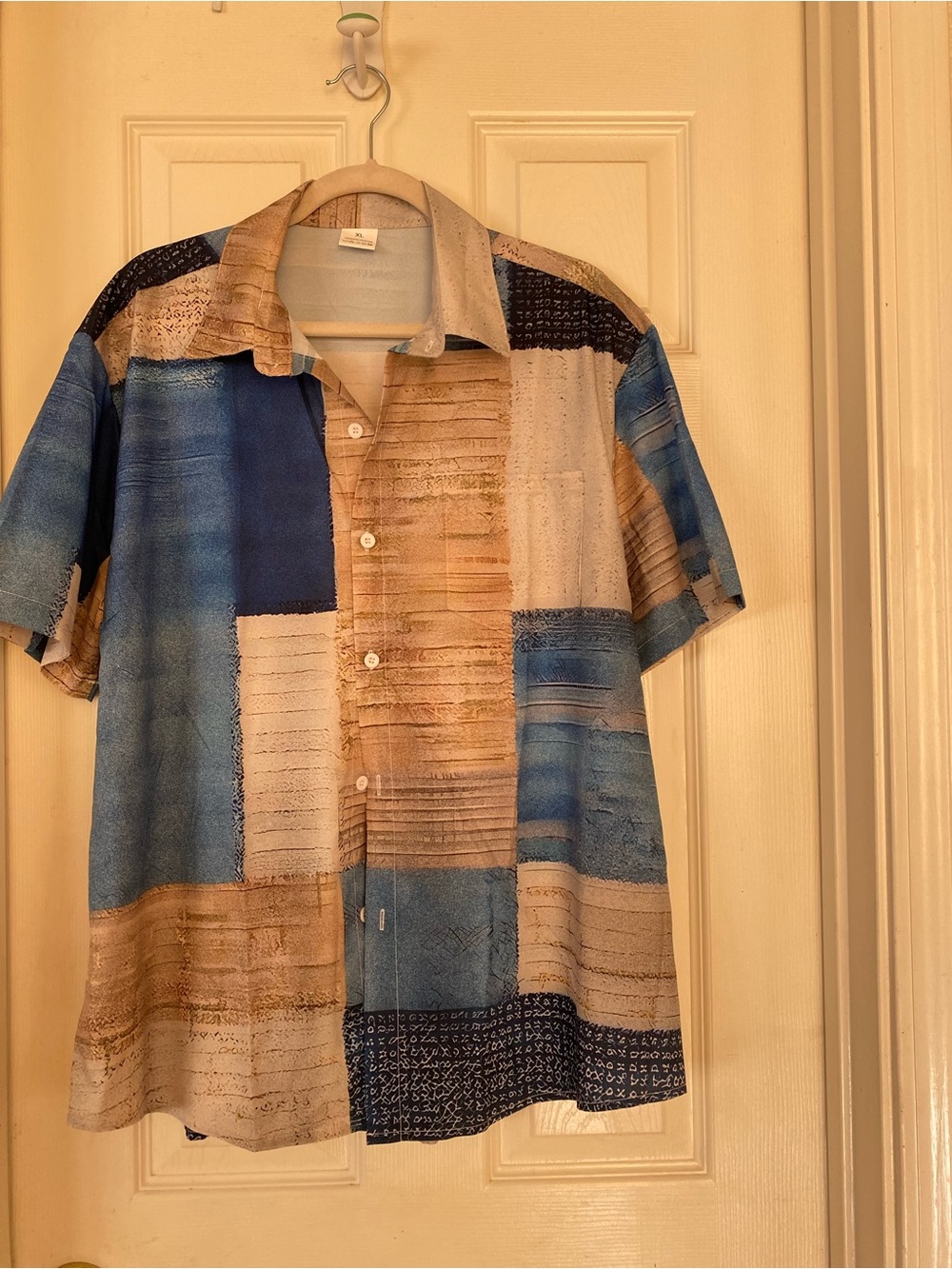 Men's Short Sleeve Patchwork Print Shirt - Blue & Tan
